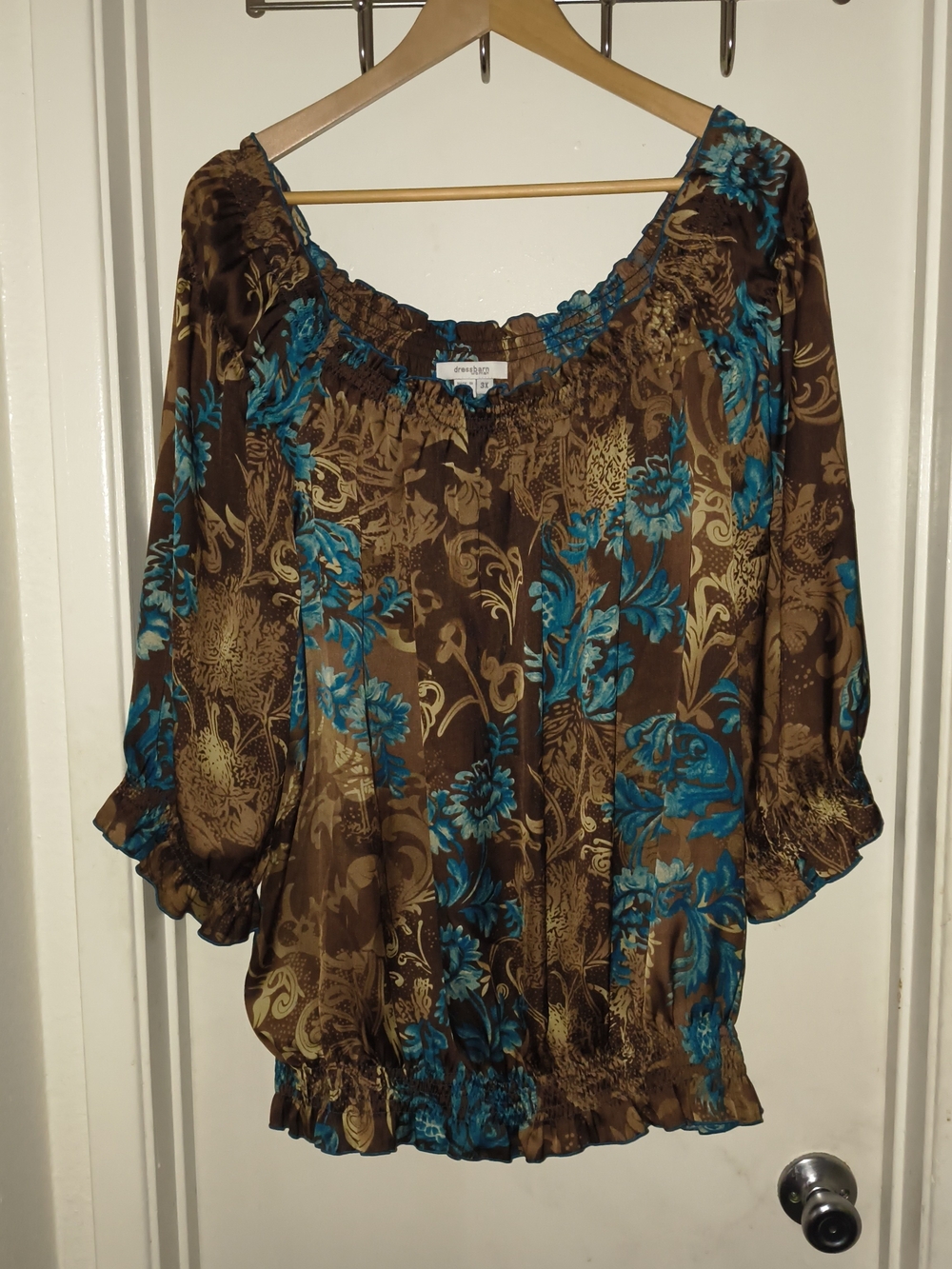 dressbarn Brown Blouse with Teal Floral Print